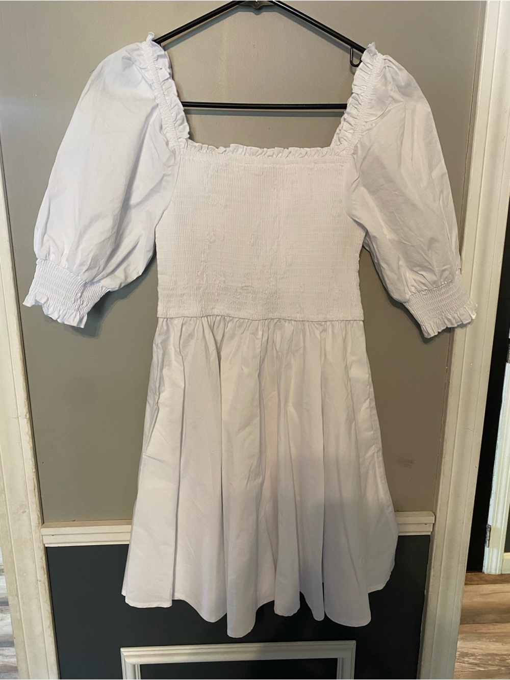 White Smocked Puff-Sleeve Dress